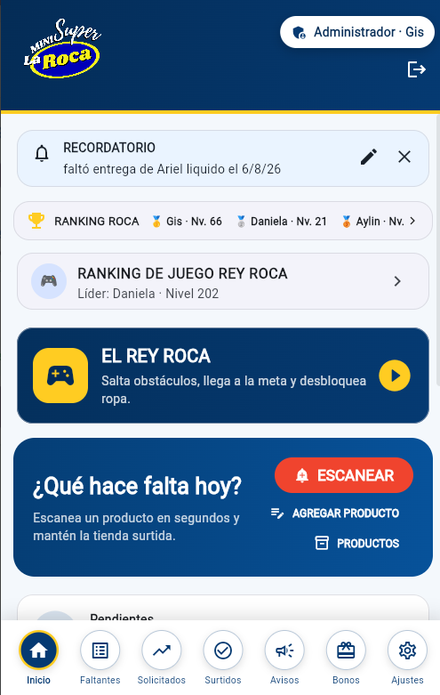 Pantalla real anterior del sistema Faltantes