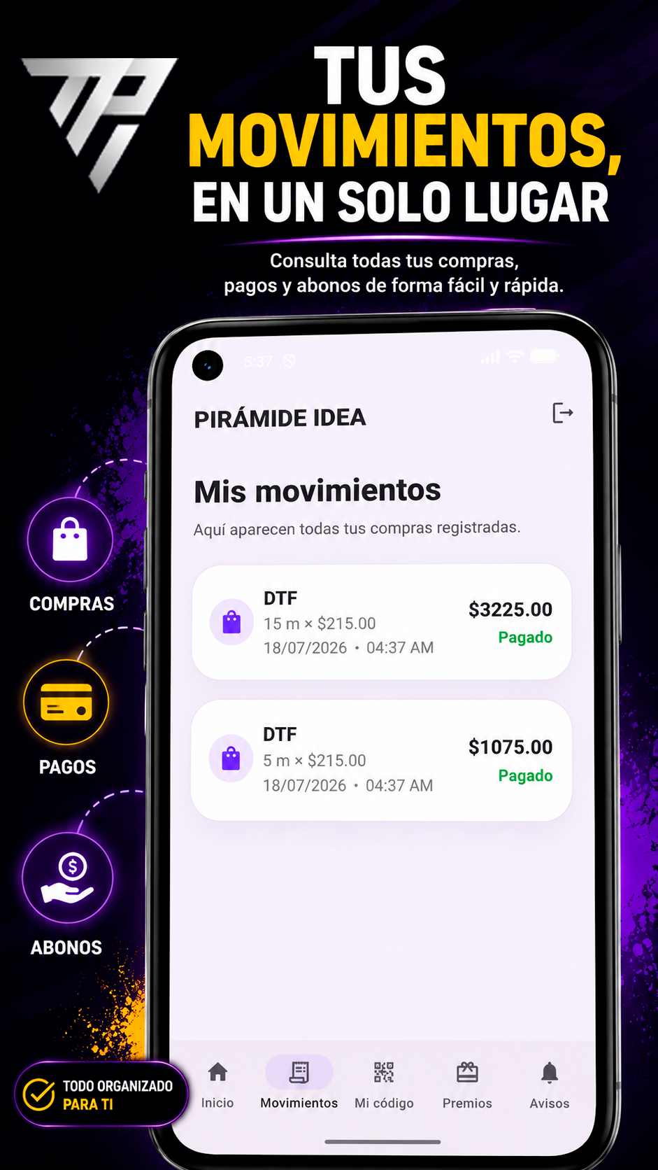 Vista real de movimientos de PIRÁMIDE IDEA
